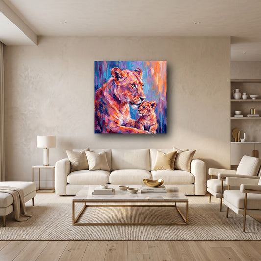 Vibrant Lion Family Canvas Wall Art - Home View