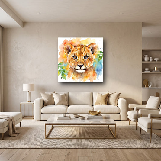Watercolor Lion Cub Canvas Wall Art - Home View