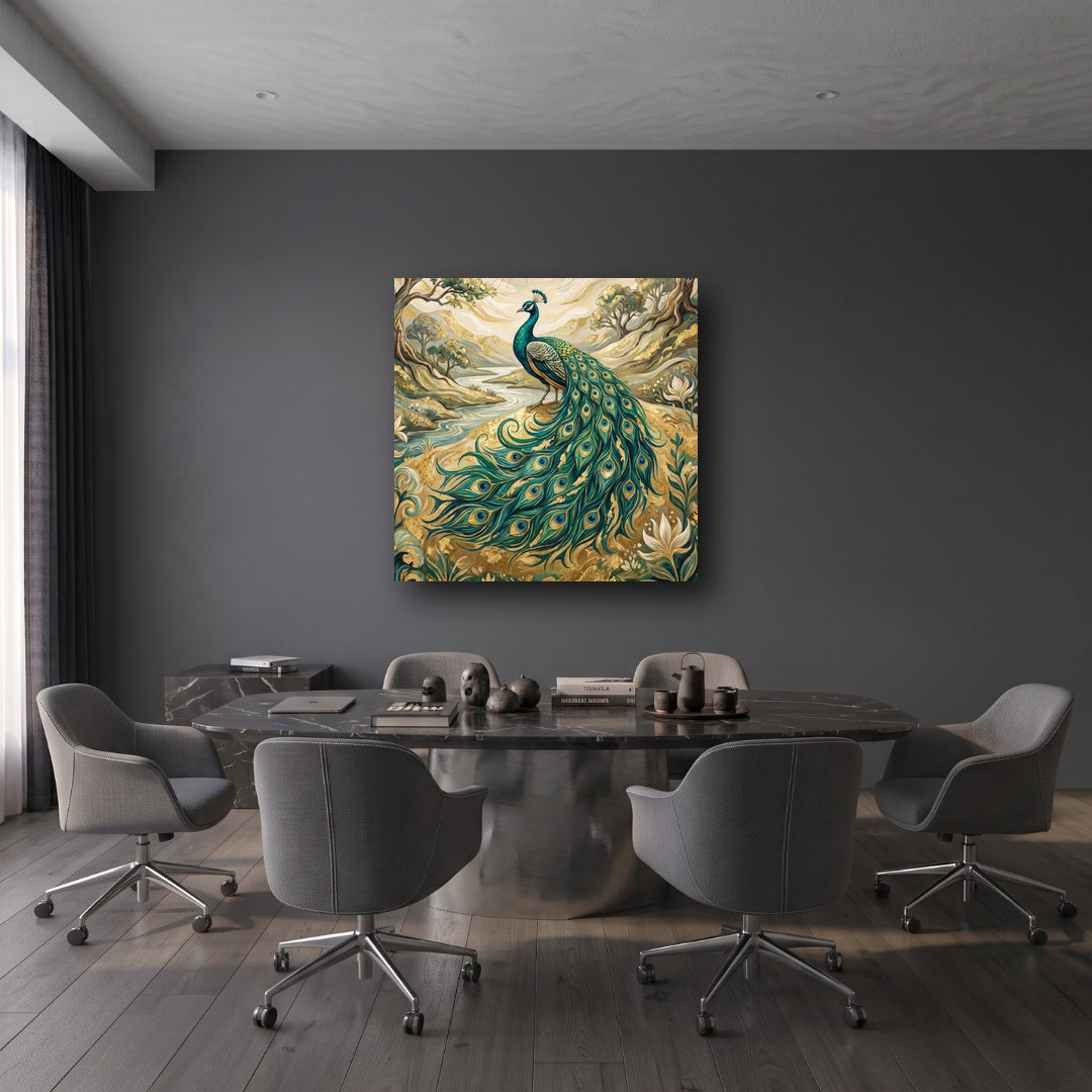 Golden Peacock Canvas Wall Art - Office View