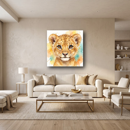Sweet Lion Cub Watercolor Canvas Wall Art - Home View