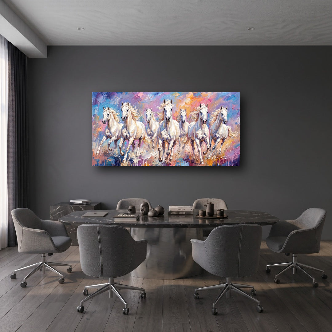 7 Galloping White Horses Canvas Wall Art - Office View