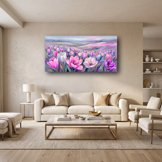Whispering Tulips Meadow Canvas Wall Art - Home View
