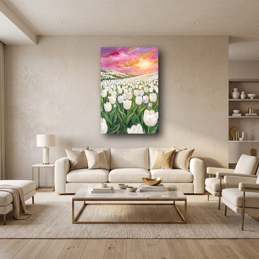 Vibrant Sunset Tulip Fields Canvas Wall Art - Home View
