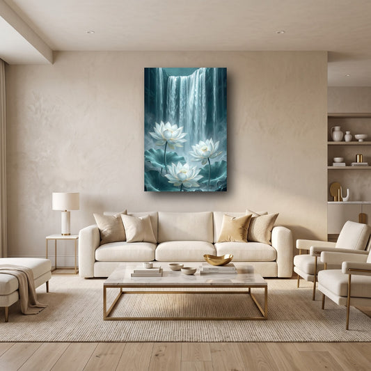 Serene Waterfall Lotus Canvas Wall Art - Home View