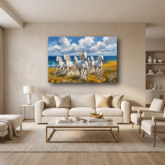 Galloping White Horses Canvas Wall Art - Home View