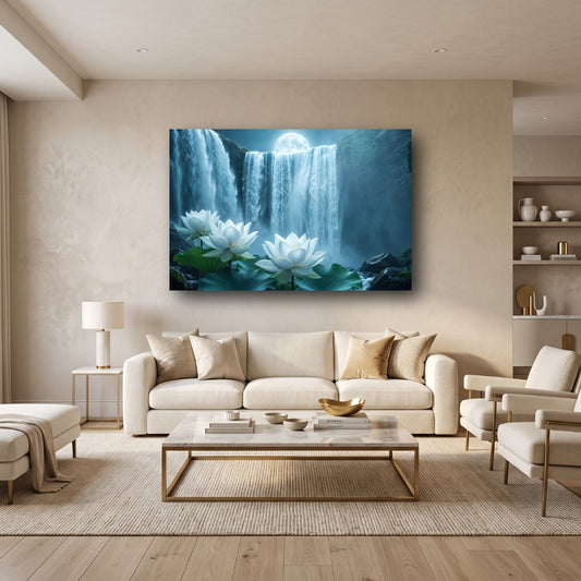 Serene Moonlit Waterfall Canvas Wall Art - Home View
