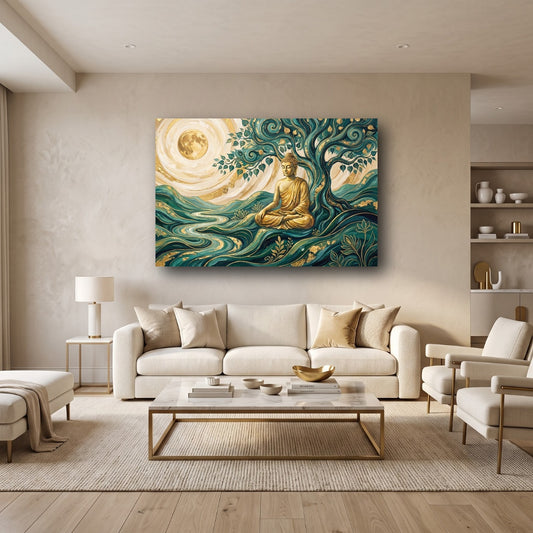 Golden Buddha Meditation Canvas Wall Art - Home View