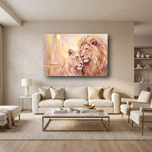 Golden Lion Couple Pink Canvas Wall Art - Home View