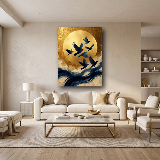 Golden Moon Birds Canvas Wall Art - Home View