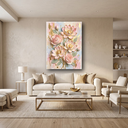 Golden Lotus & Roses Canvas Wall Art - Home View
