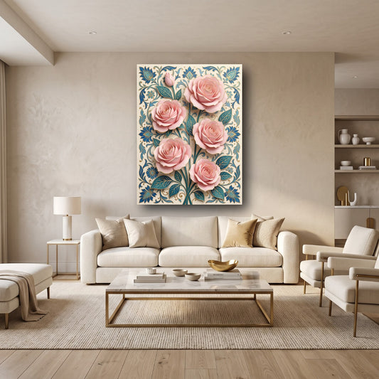Pink Rose Botanical Canvas Wall Art - Home View
