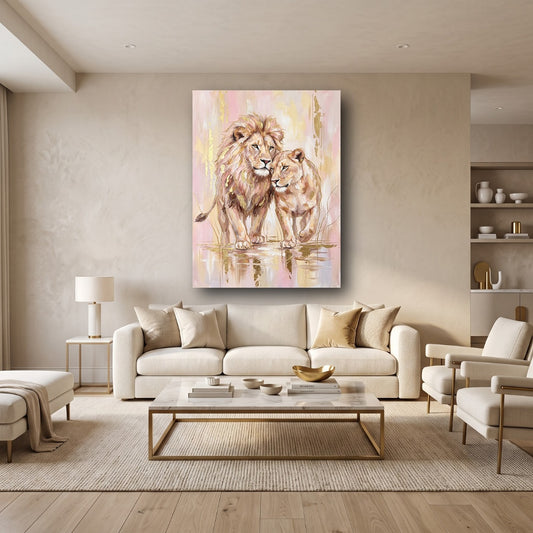 Pink Lion Couple Canvas Wall Art - Home View