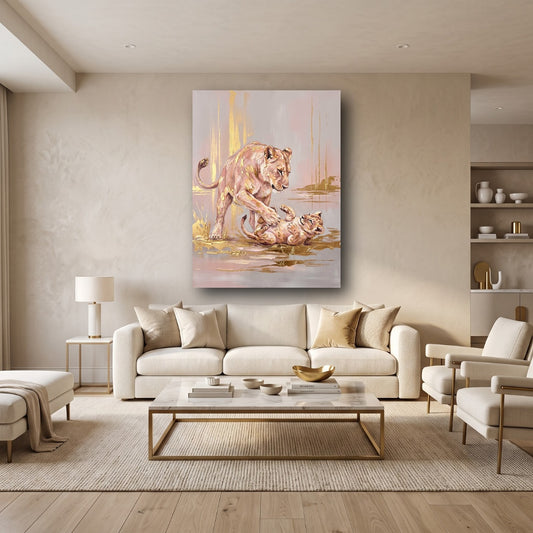 Golden Lion Family Canvas Wall Art - Home View