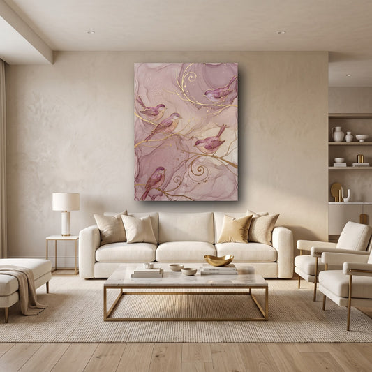 Serene Pink Songbirds Canvas Wall Art - Home View
