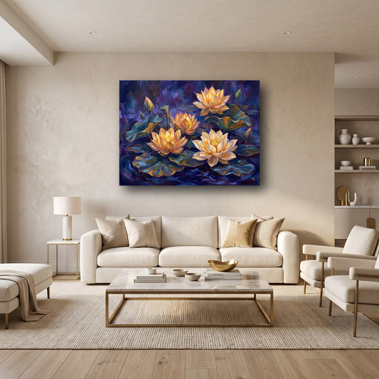 Golden Lotus Bloom Canvas Wall Art - Home View