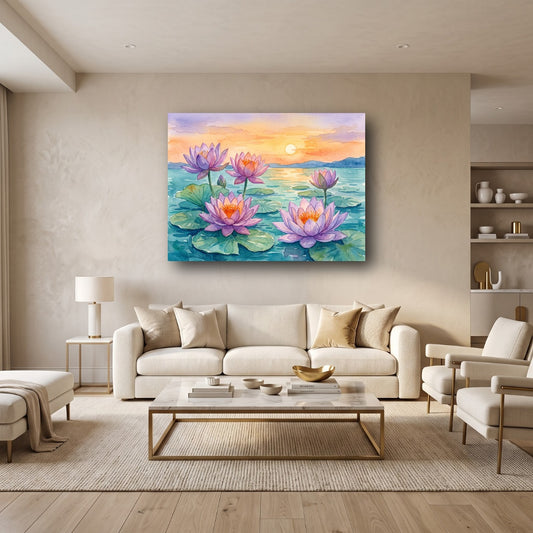 Serene Lotus Sunset Canvas Wall Art - Home View