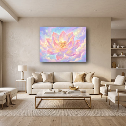 Ethereal Glowing Lotus Canvas Wall Art - Home View