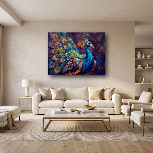 Vibrant Peacock Canvas Wall Art - Home View
