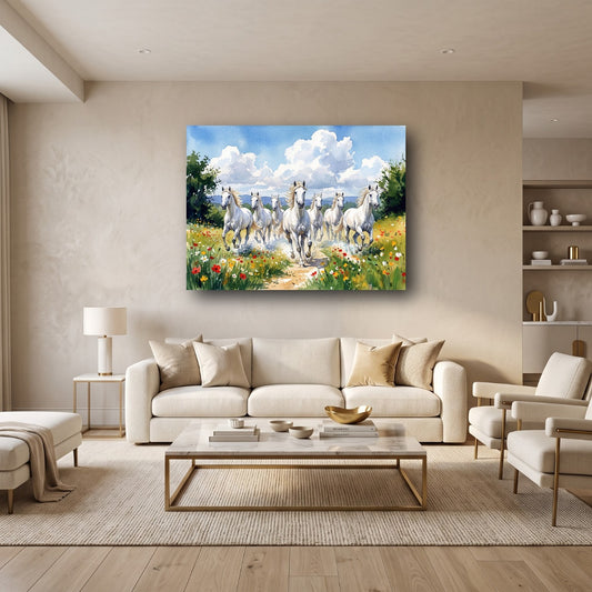 Galloping White Horses Meadow Canvas Wall Art - Home View