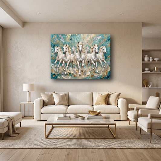 Galloping Seven White Horses Canvas Wall Art - Home View