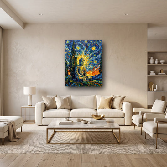 Meditating Buddha Starry Night Canvas Wall Art - Home View