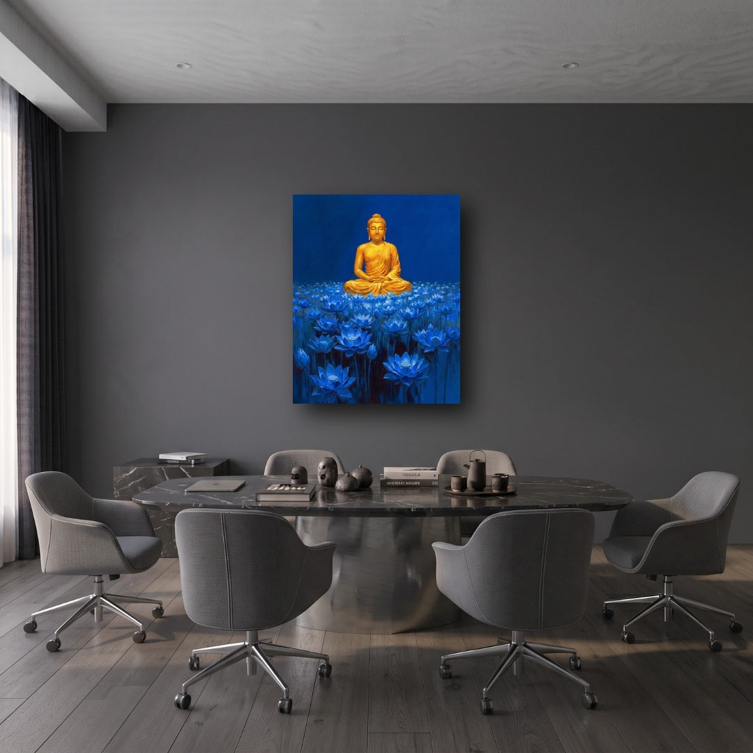 Golden Buddha Lotus Canvas Wall Art - Office View