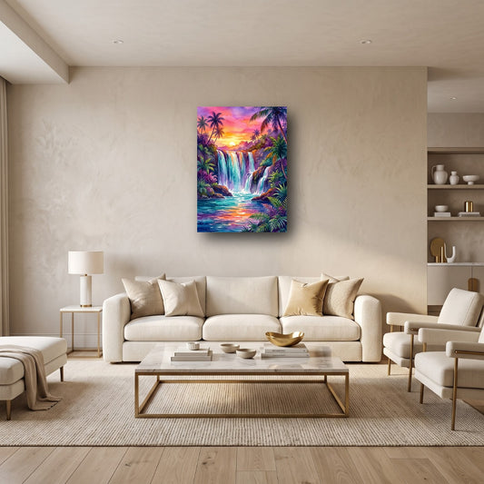 Vibrant Waterfall Sunset Canvas Wall Art - Home View