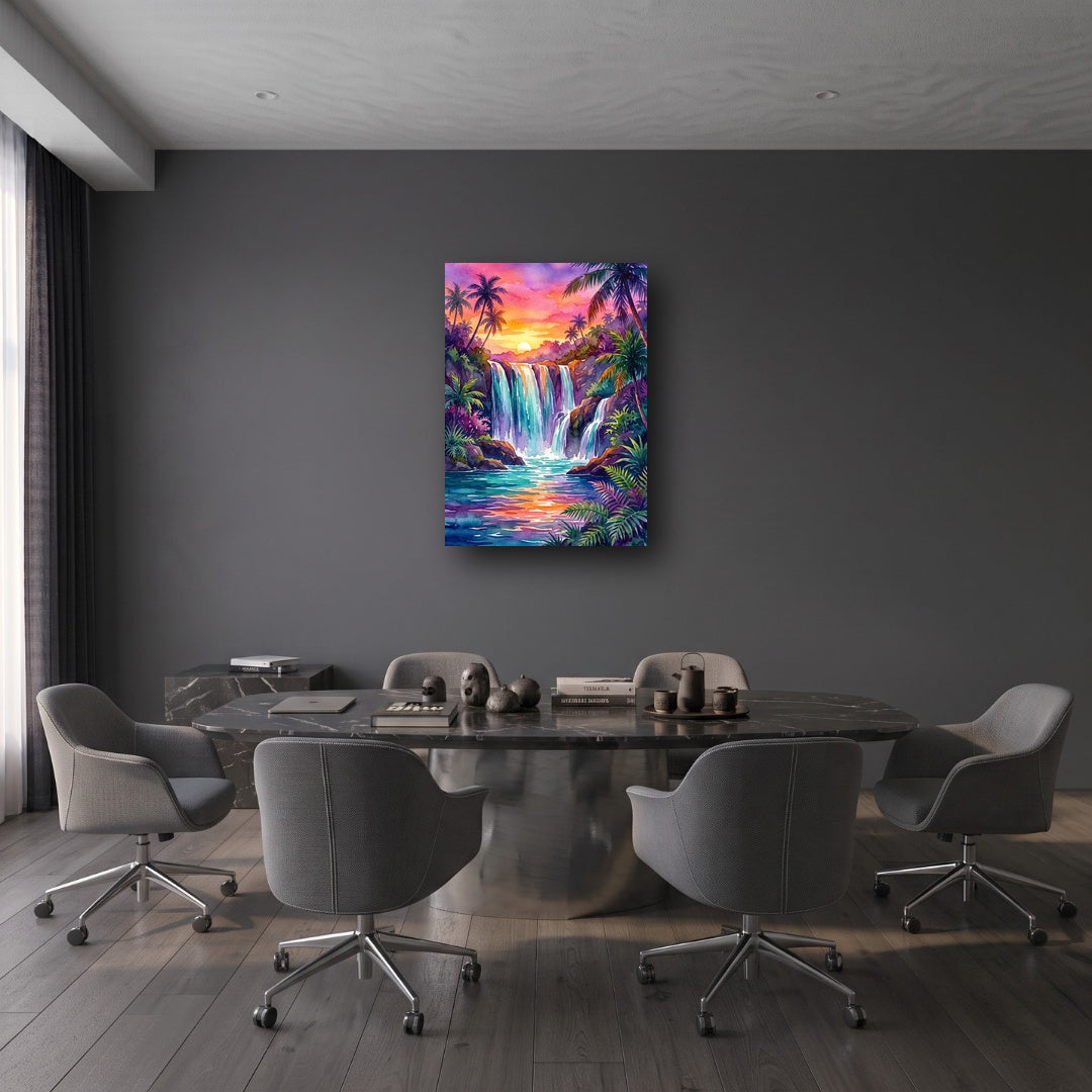 Vibrant Waterfall Sunset Canvas Wall Art - Office View