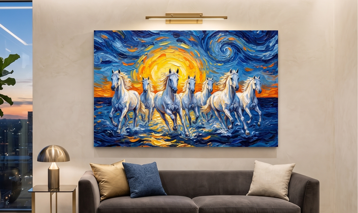 A large rectangular canvas painting of six white horses galloping through swirling blue water under a glowing yellow-orange sun, displayed above a modern gray sofa in a styled living room.