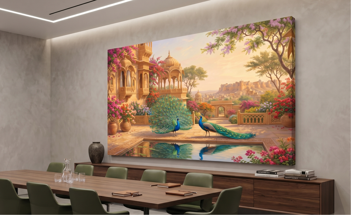 A large rectangular wall art print depicting a lush garden scene with peacocks, floral architecture, and a reflective pool, displayed above a long conference table in a modern meeting room.