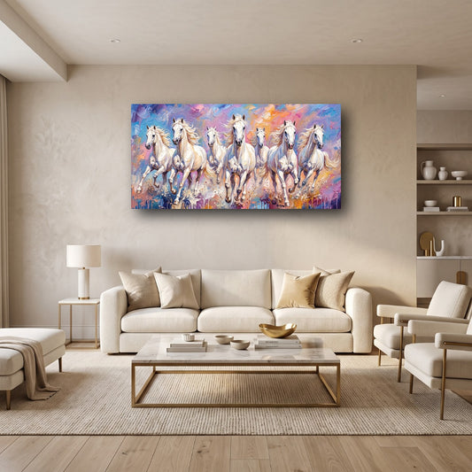 7 Galloping White Horses Canvas Wall Art - Home View