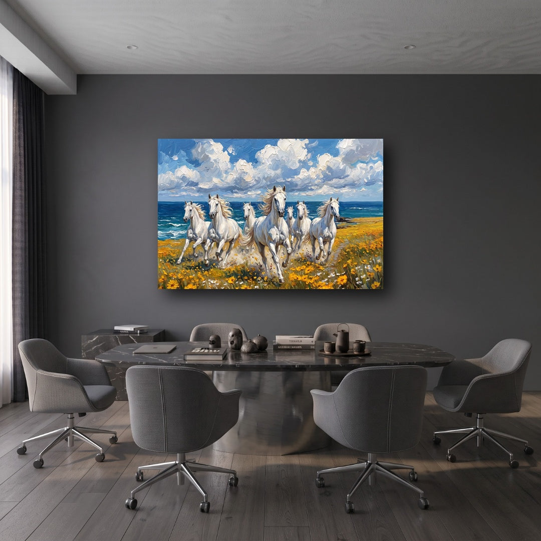 Galloping White Horses Canvas Wall Art - Office View