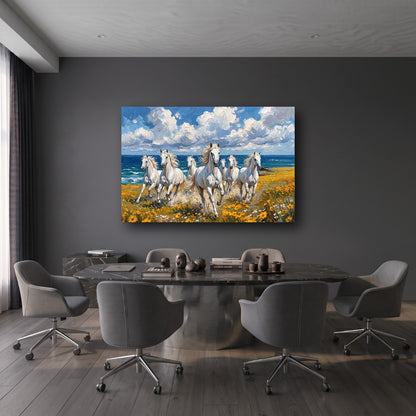 Galloping White Horses Canvas Wall Art - Office View