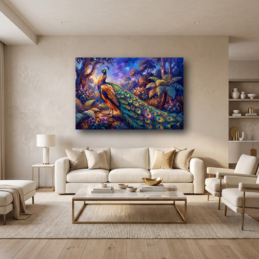 Vibrant Peacock Canvas Wall Art - Home View