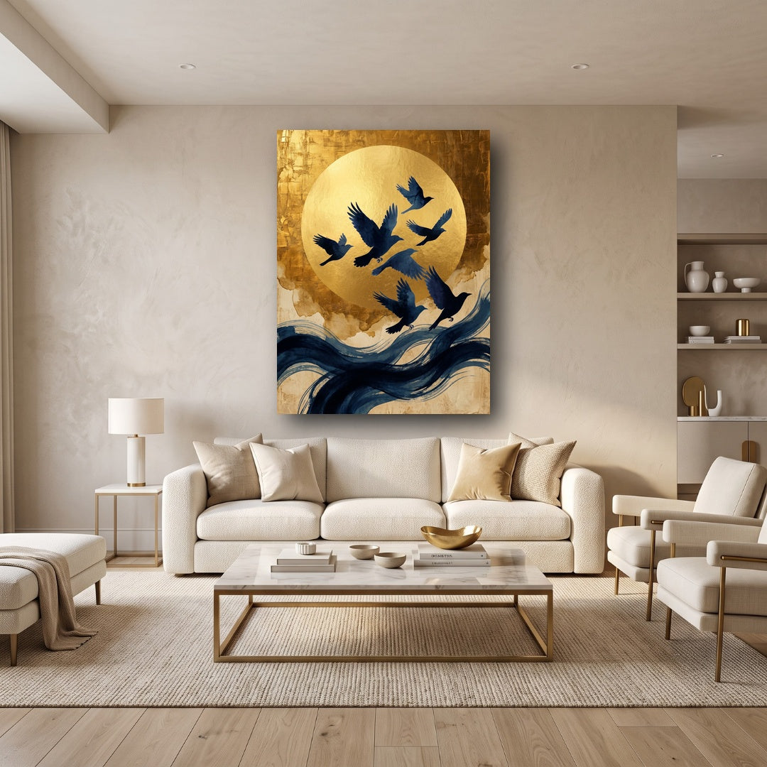 Golden Moon Birds Canvas Wall Art - Home View
