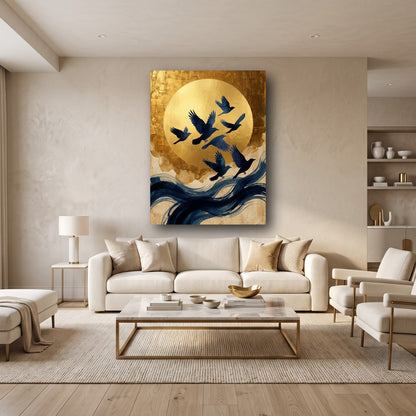 Golden Moon Birds Canvas Wall Art - Home View