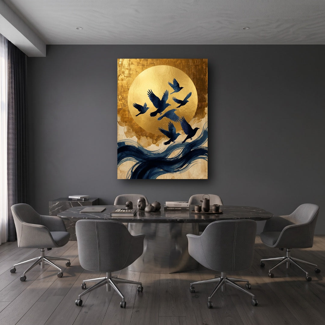 Golden Moon Birds Canvas Wall Art - Office View