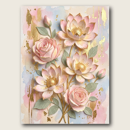 Golden Lotus & Roses Canvas Wall Art - Plain View