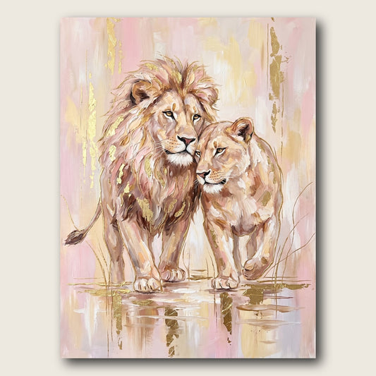 Pink Lion Couple Canvas Wall Art - Plain View