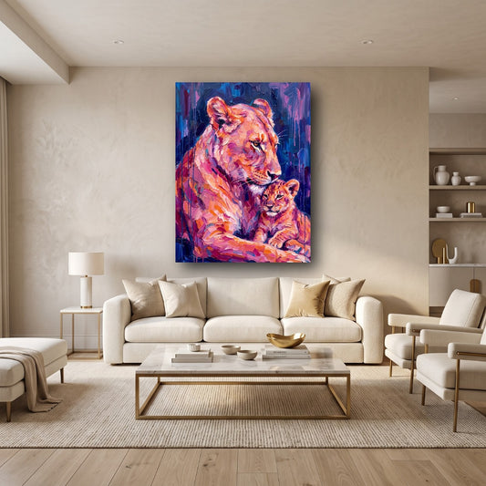 Maternal Bond Lioness and Cub Canvas Wall Art - Home View