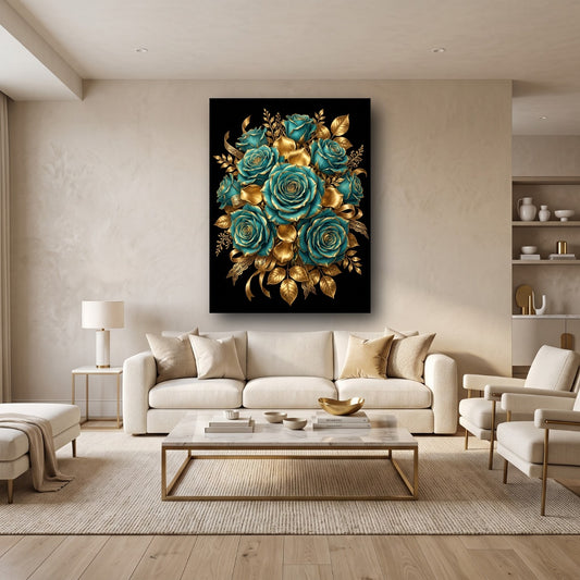 Golden Blue Roses Canvas Wall Art - Home View
