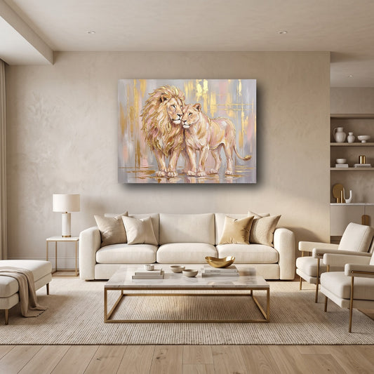 Golden Lion Pair Canvas Wall Art - Home View