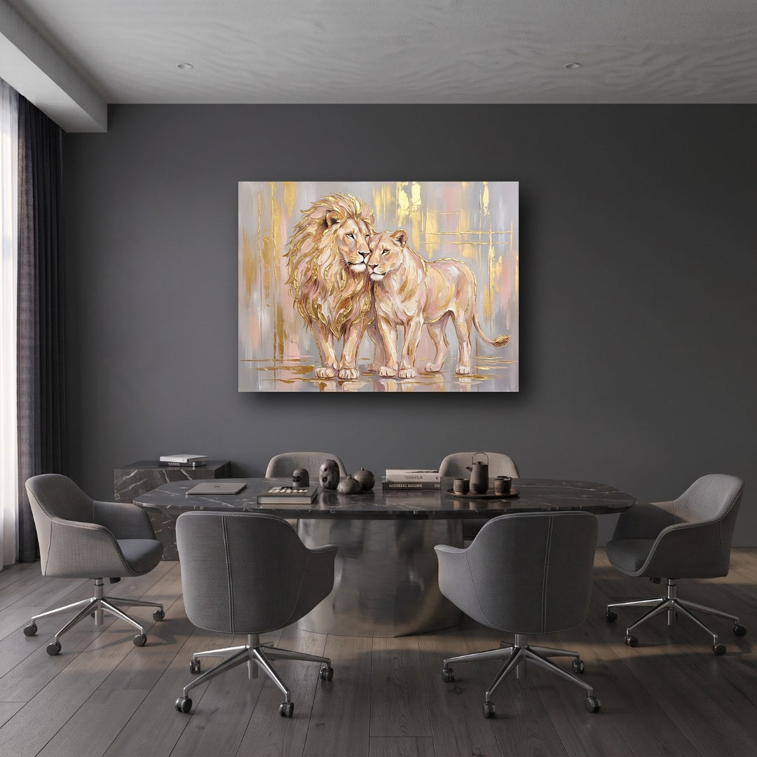 Golden Lion Pair Canvas Wall Art - Office View