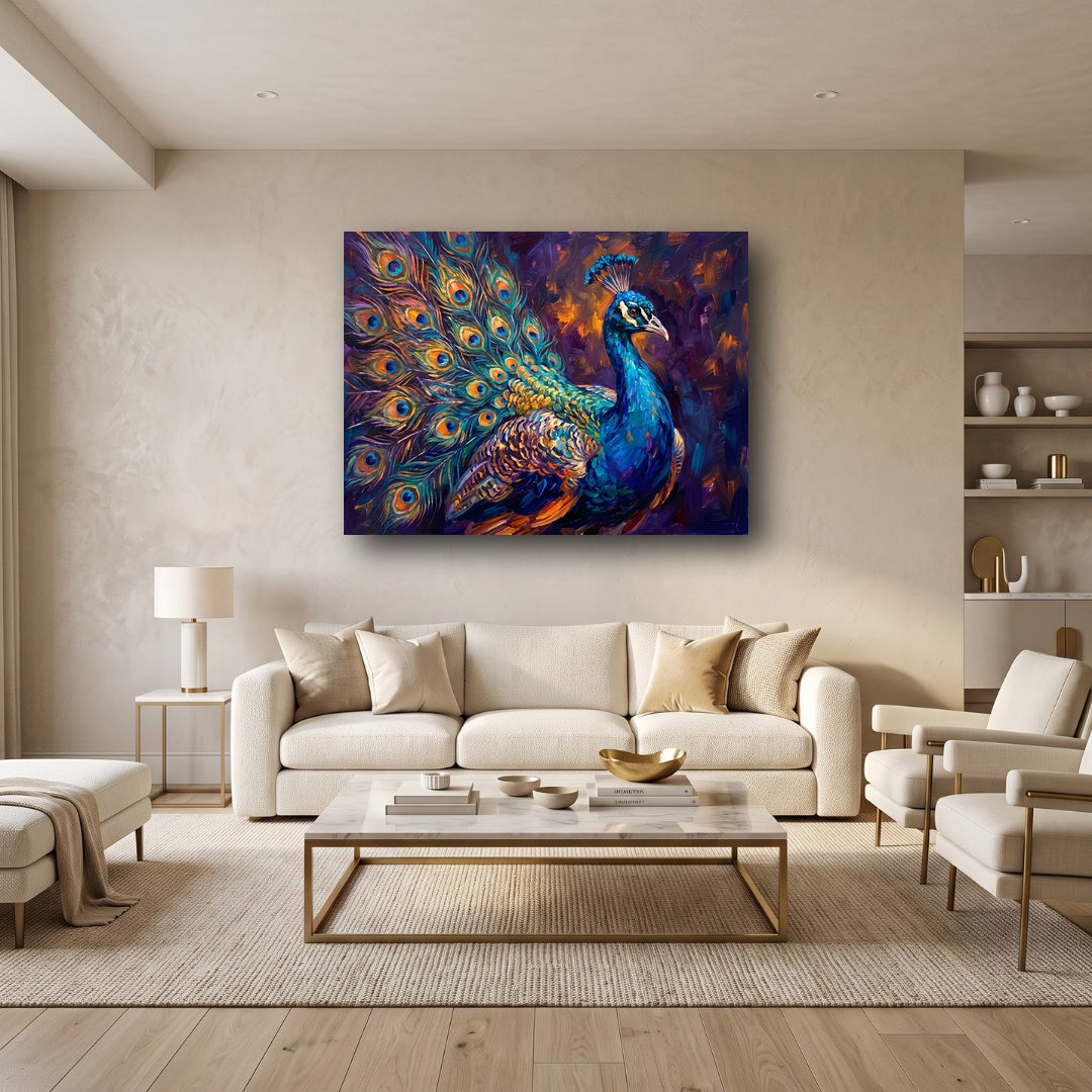 Vibrant Peacock Canvas Wall Art - Home View