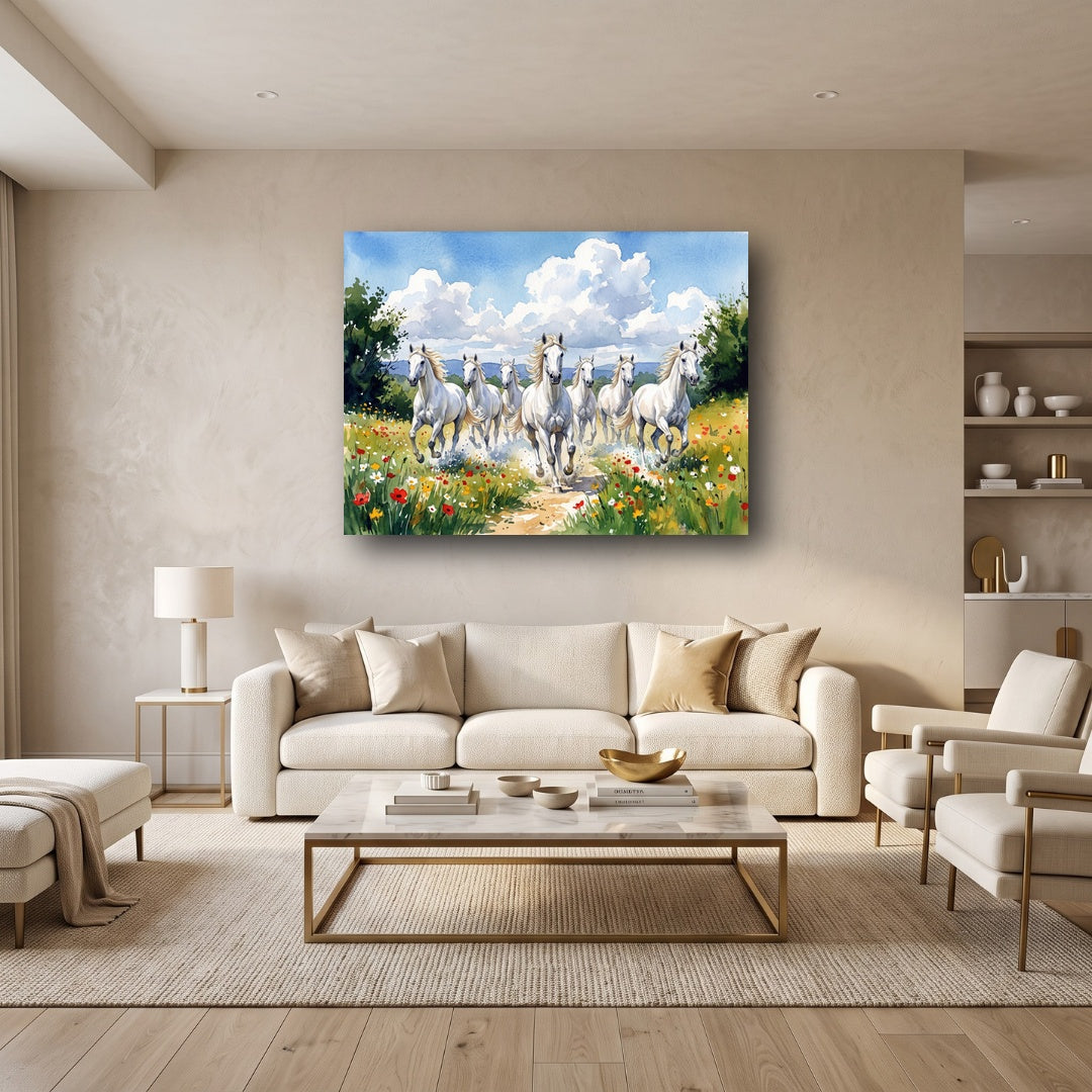 Galloping White Horses Meadow Canvas Wall Art - Home View