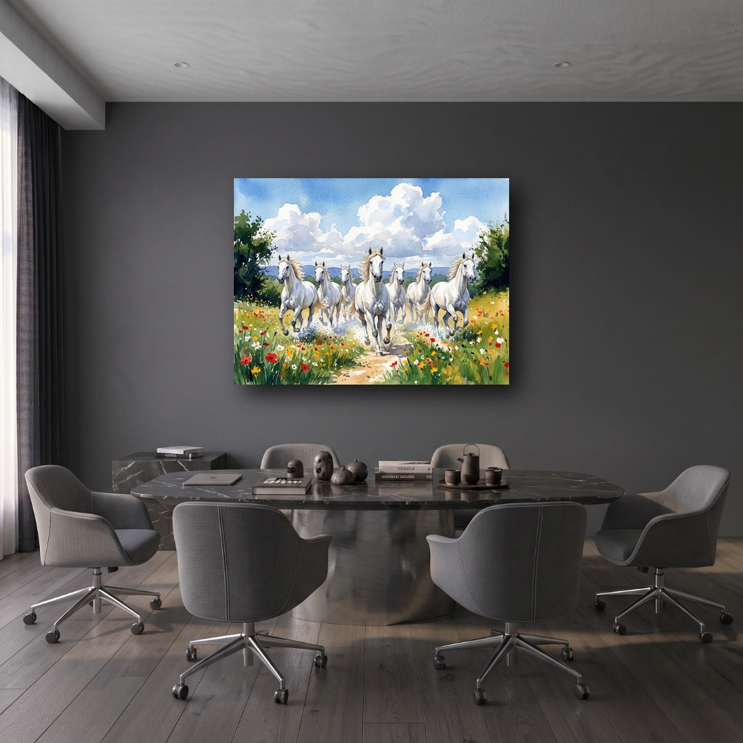 Galloping White Horses Meadow Canvas Wall Art - Office View
