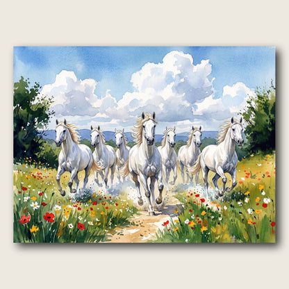 Galloping White Horses Meadow Canvas Wall Art - Plain View