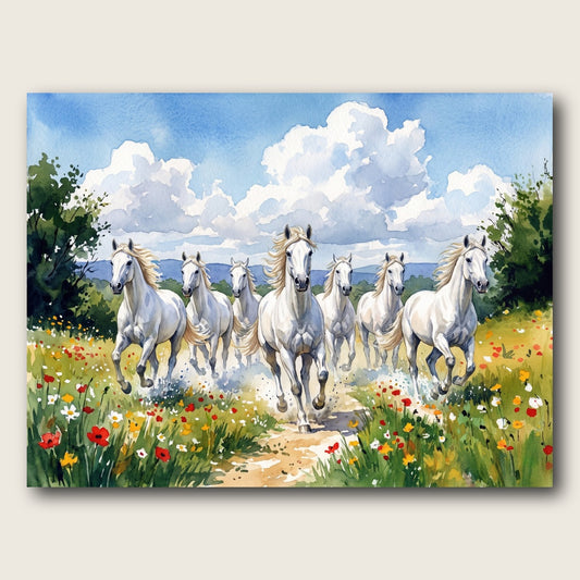 Galloping White Horses Meadow Canvas Wall Art - Plain View